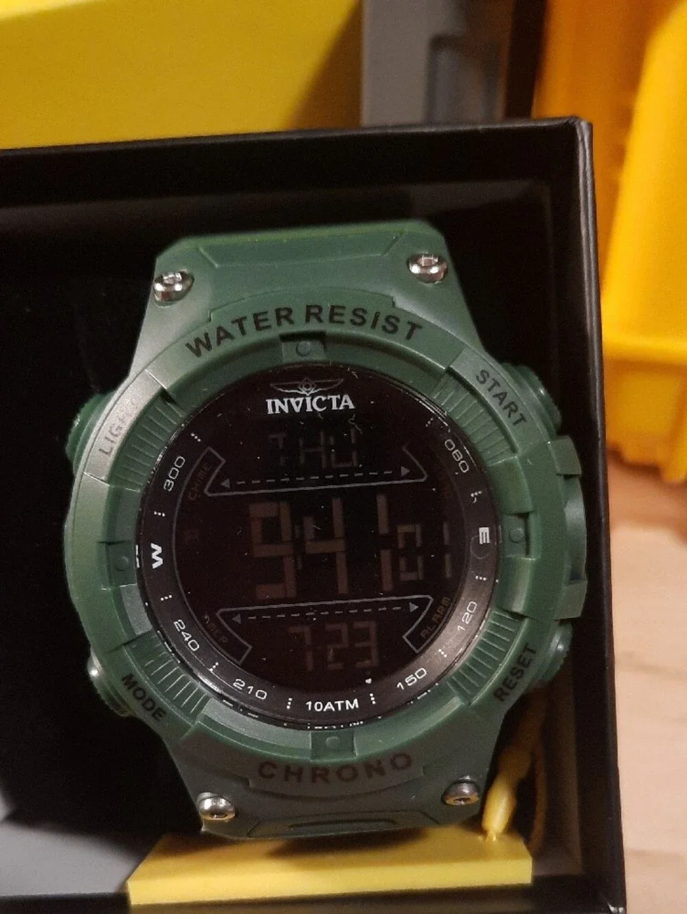 Invicta Olive Green Digital Chronograph Watch With Yellow Hard Case